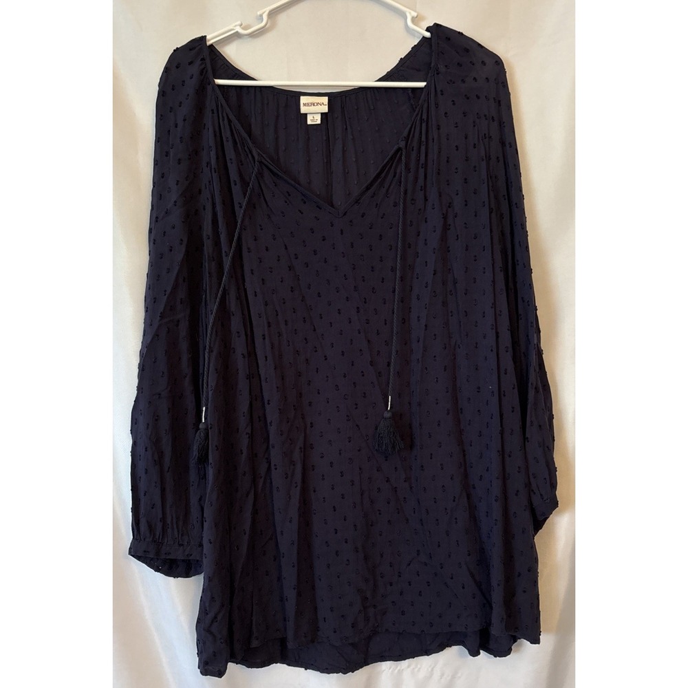 Women's Merona Blue Swiss Dot Tassels Long Sleeve Blouse Boho Peasant Size L
